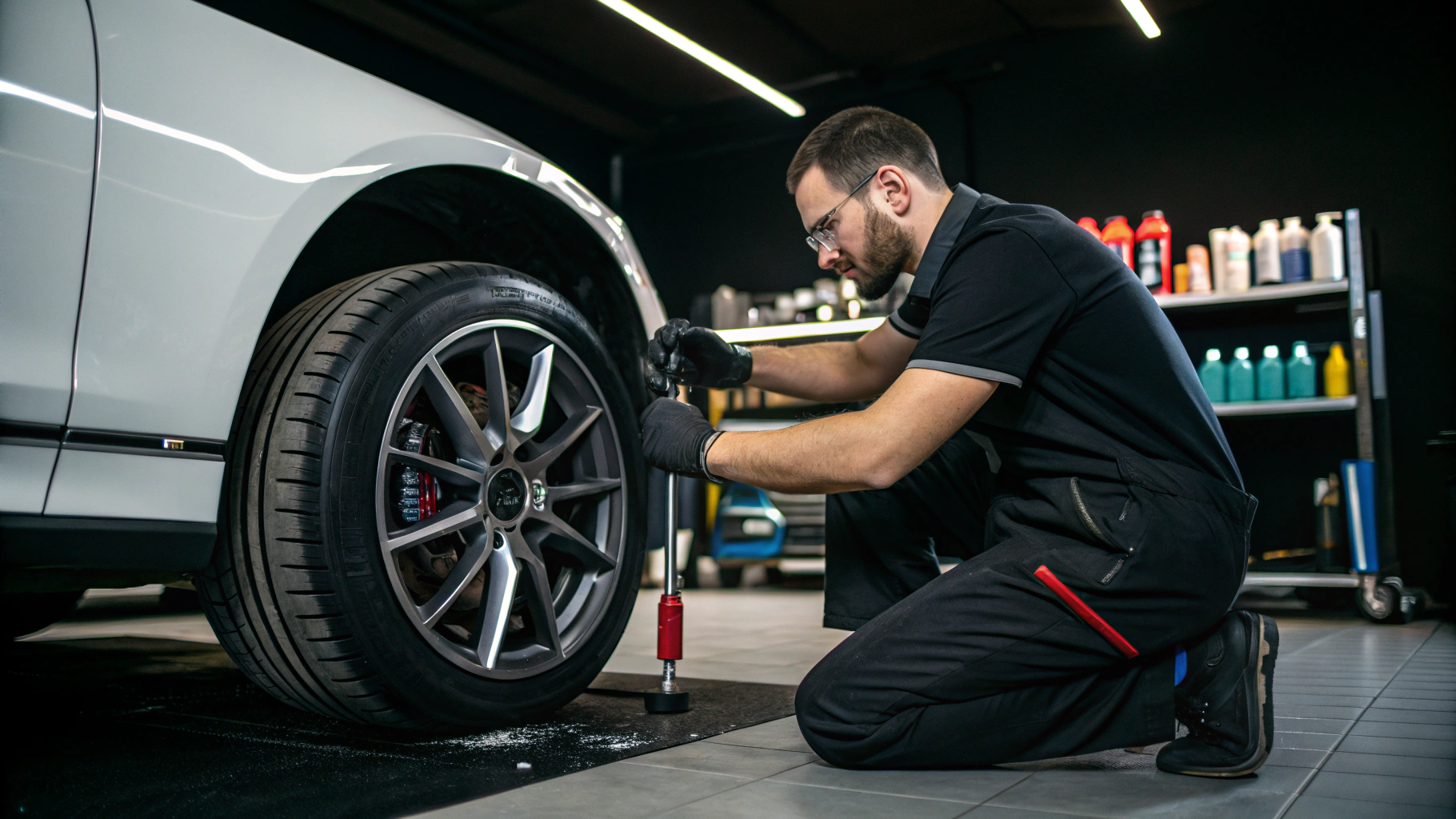 Wheel barrel cleaning with specialized curved brush in studio bay