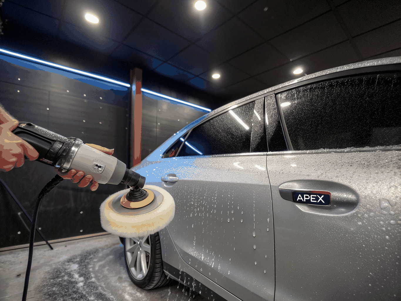 Rotary machine polisher leveling clear-coat under linear inspection lighting