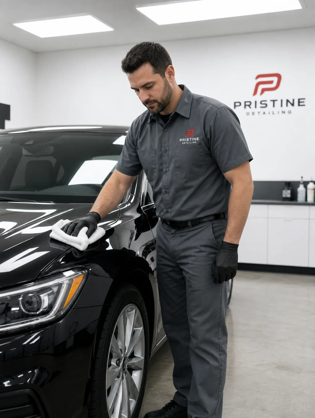 Raven Automotive specialist inspecting automotive clear-coat under specialized lighting