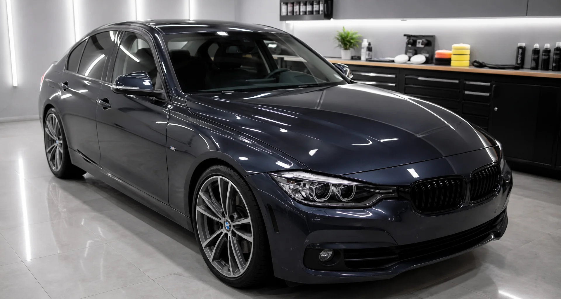 Completed vehicle with deep glossy paint finish inside Raven Automotive garage bay