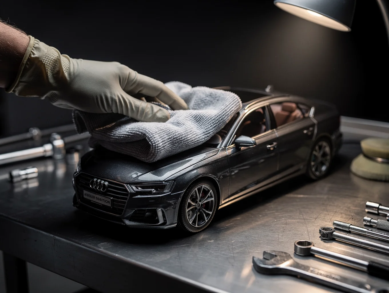 Professional automotive detailing work performed at Raven Automotive studio - ceramic coating wipe-down with microfiber
