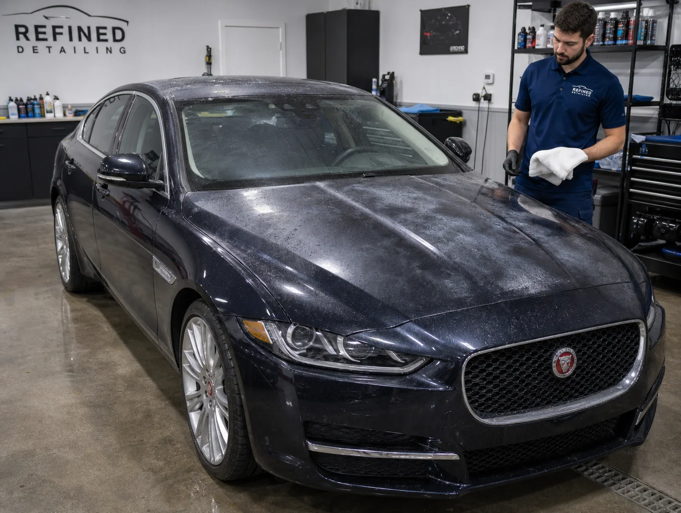 Professional automotive detailing work performed at Raven Automotive studio - completed concourse restoration vehicle inside dark bay
