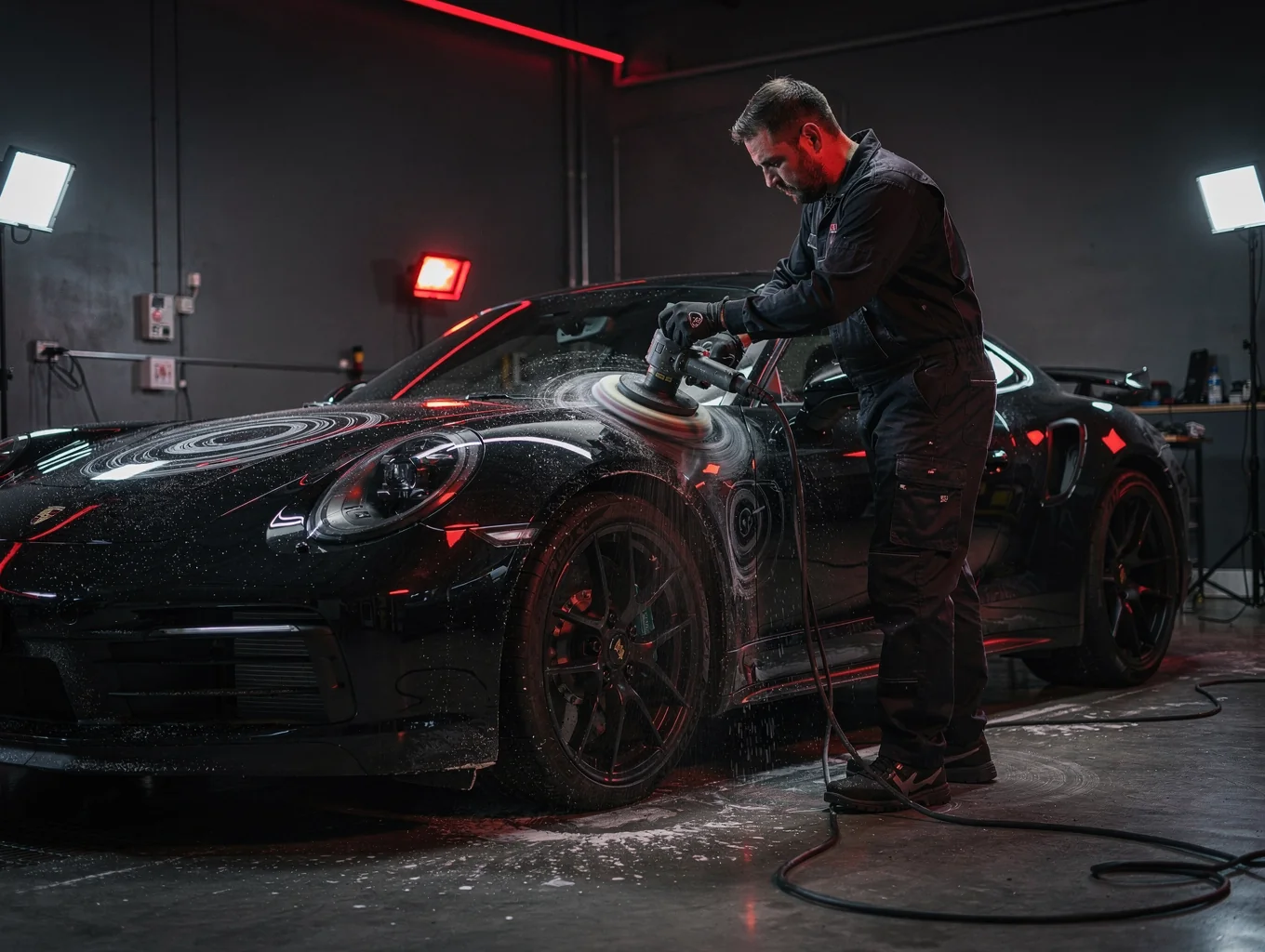 Professional automotive detailing work performed at Raven Automotive studio - dual-action polisher on quarter panel