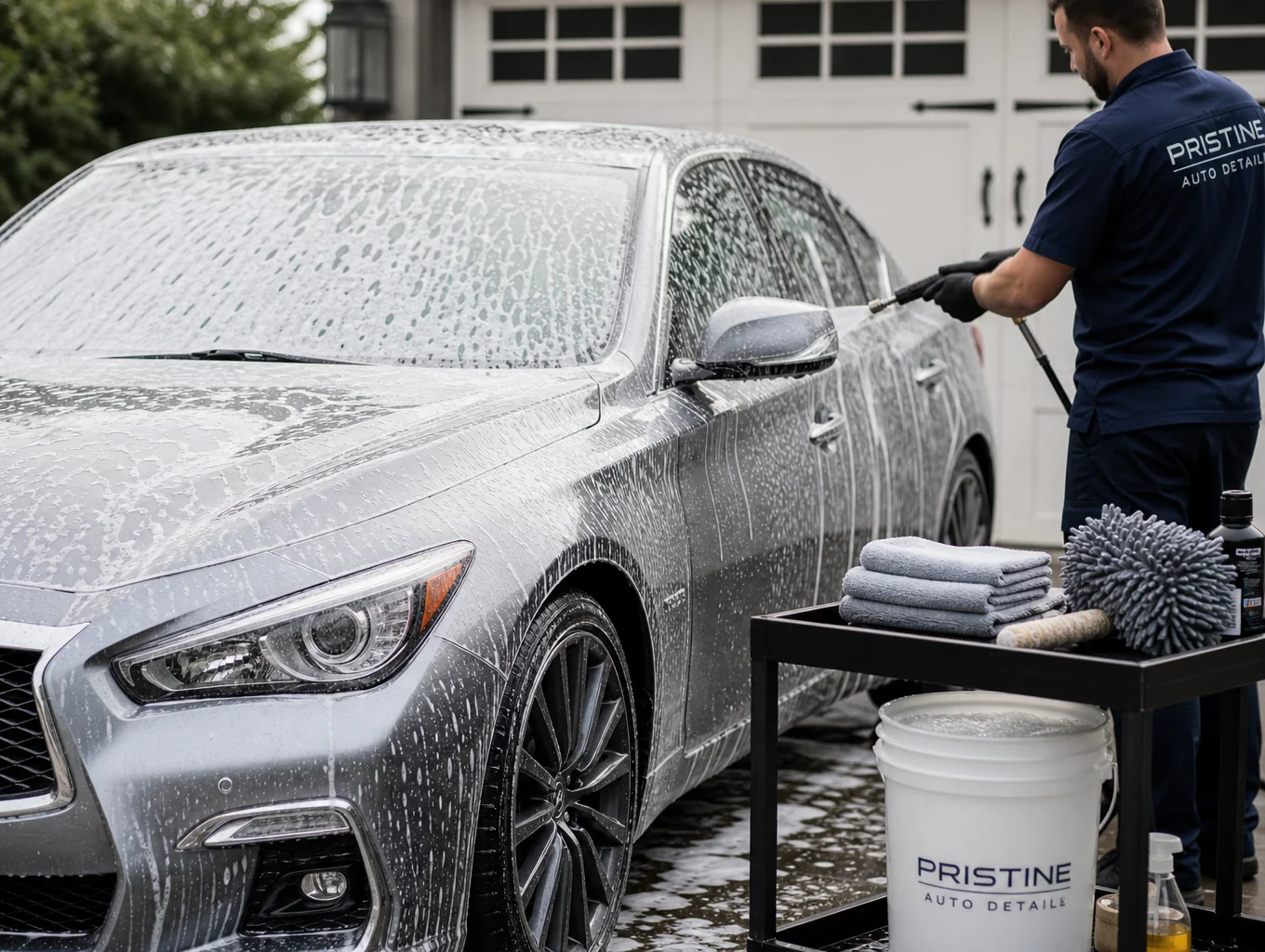 Professional automotive detailing work performed at Raven Automotive studio - foam wash on black bodywork