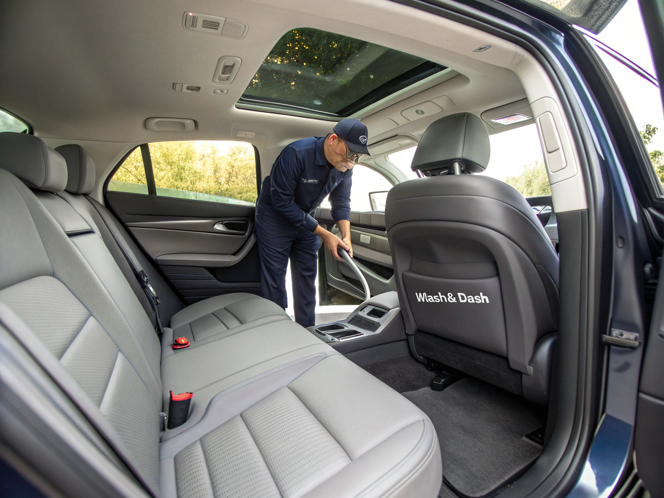 Professional automotive detailing work performed at Raven Automotive studio - vacuuming perforated leather seat