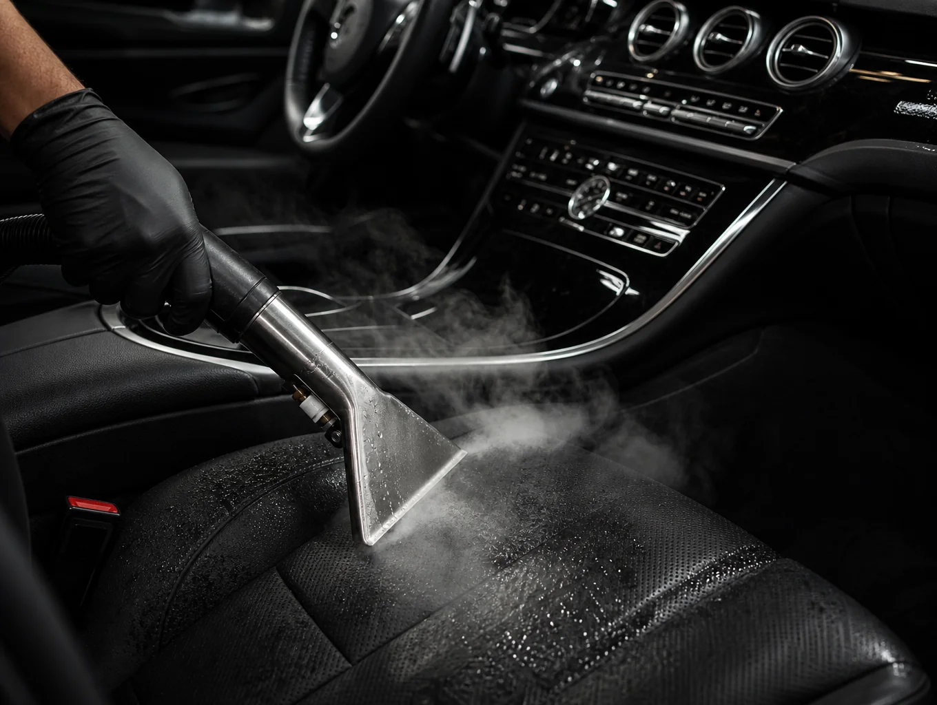 Professional automotive detailing work performed at Raven Automotive studio - steam cleaning dashboard console