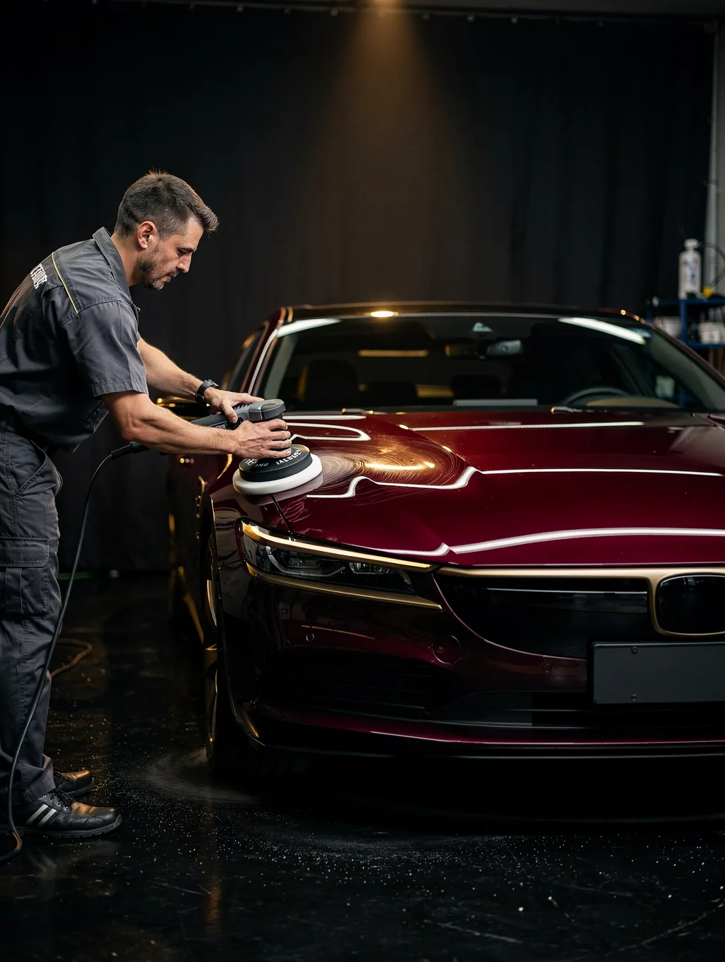 Raven Automotive specialist detailing a vehicle in the Deltona studio bay